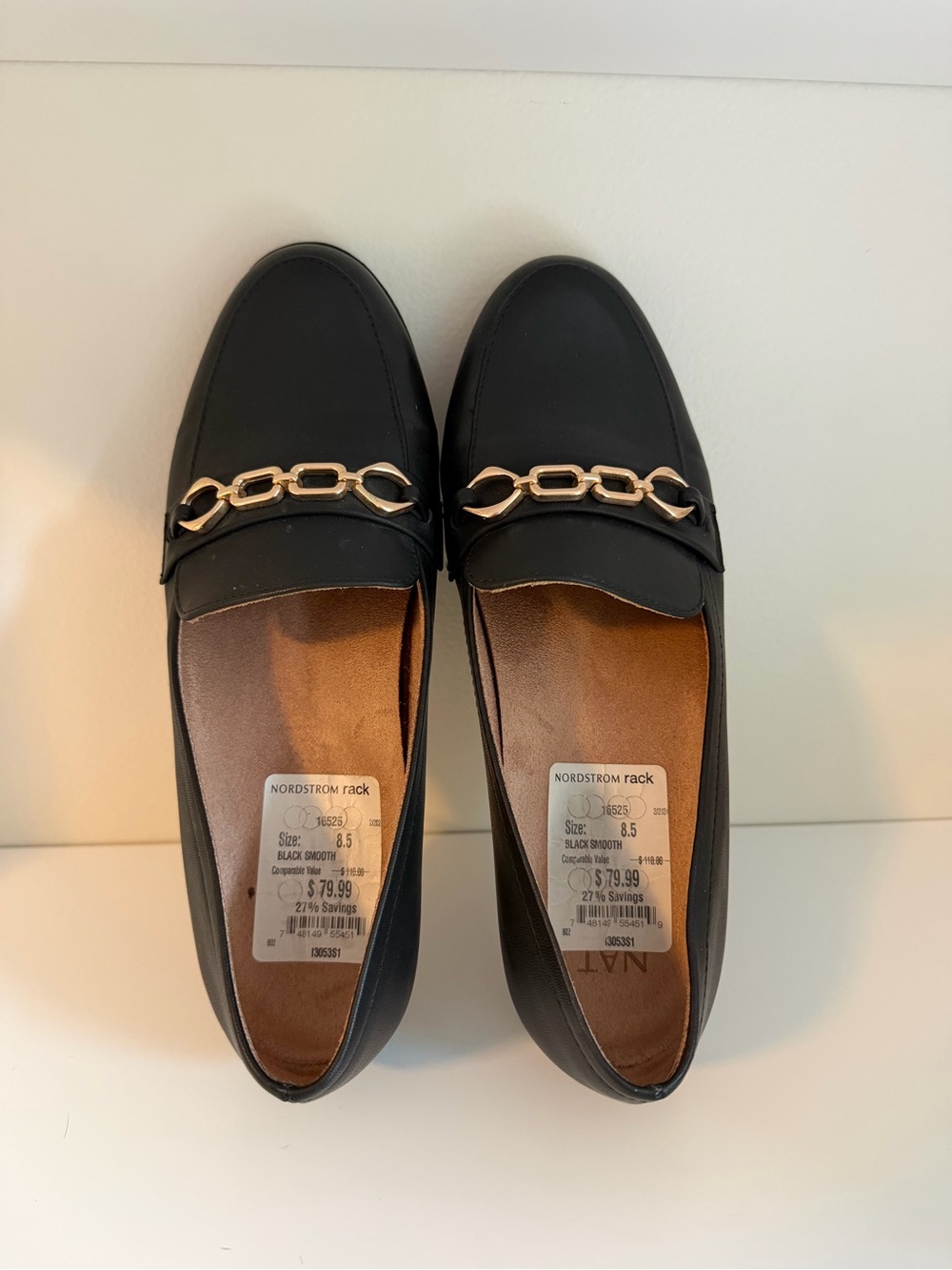 Naturalizer Black Loafers with Gold Chain-Link Detail - Size 8.5